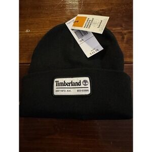 Timberland Logo Long-Patch Cuff Knit Beanie Hat - Black (Size: OS),‎ $42 Retail